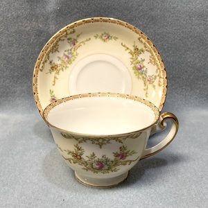 Meito Garland Hand-Painted China Floral Scroll in Cream Cup and Saucer